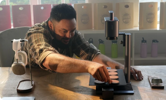 LaserPecker LP2 Plus creating custom business signage from rustic wooden Open signs to sleek acrylic office nameplates, helping brands stand out with professional laser engraved logos and lettering on wood acrylic and metal.
