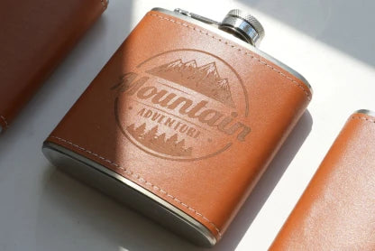 LP2 Plus engraving custom design on leather flask cover.